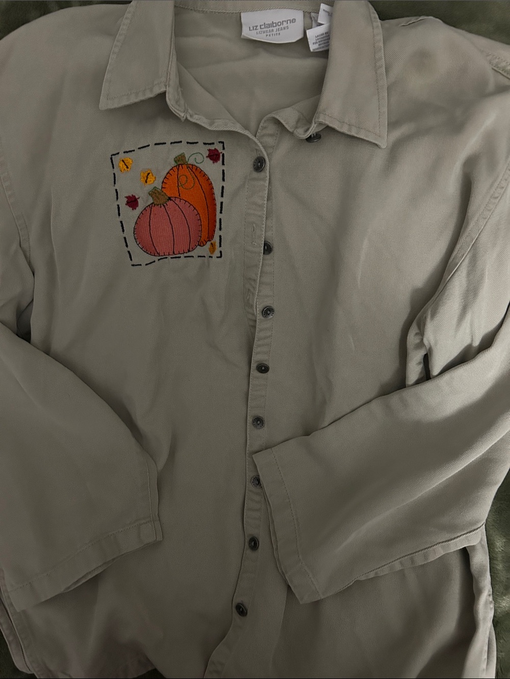 Liz Claiborne Olive and Orange Button-Down Shirt with Pumpkin Embroidery